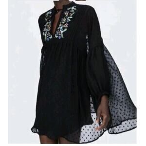 ZARA Babbdoll Tunic Dress XS Swiss Dot Floral Sheer Mesh Black Embroidered